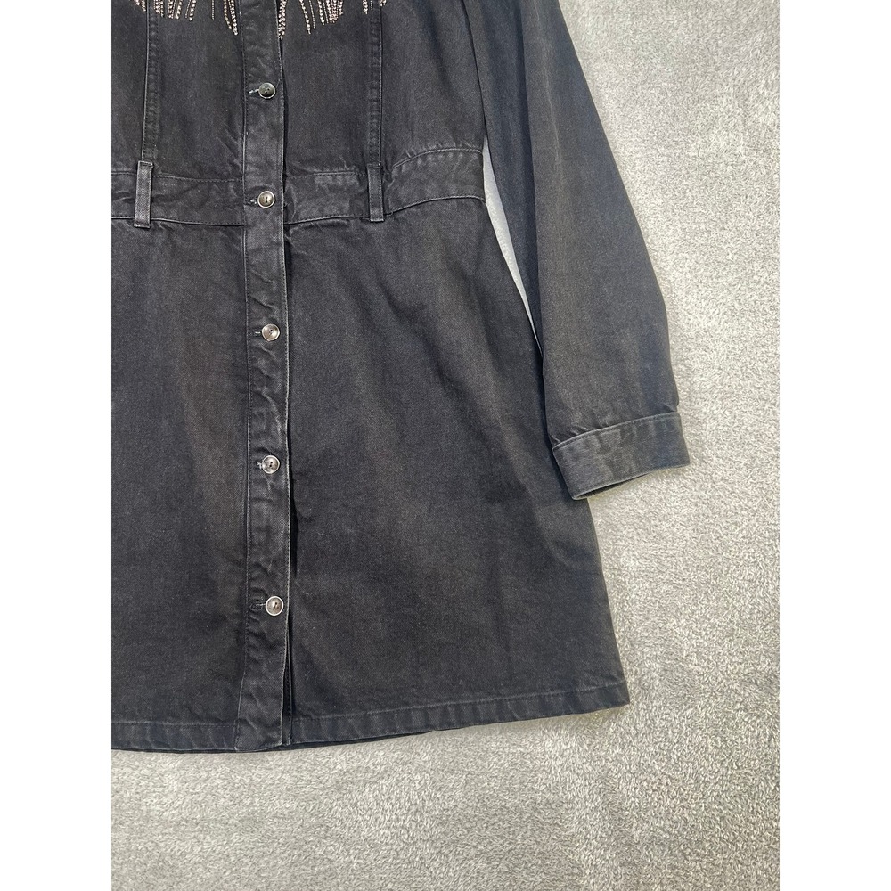Zara Black Denim Mini Dress Rhinestone Fringe Western Cowgirl Button Front M - Picture 2 of 8
